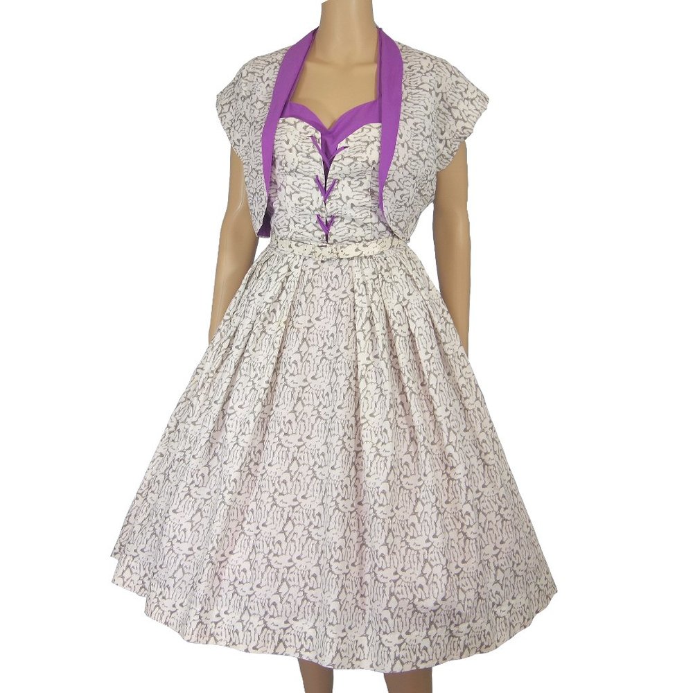 1950s Abstract Print Corset Laced Halter Dress with Bolero Jacket, XS Sm 2 4